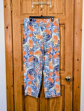 Chico's Pants 100% Linen Pull On Orange Blue Floral Paisley Vacation Womens 2 LG